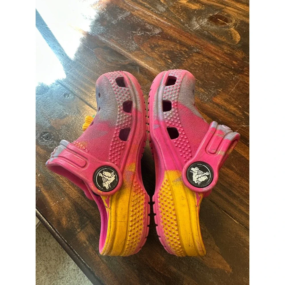 Crocs Kids Classic Clogs Pink‎ Yellow Spray Dye Marble Slip On Shoes Size C5